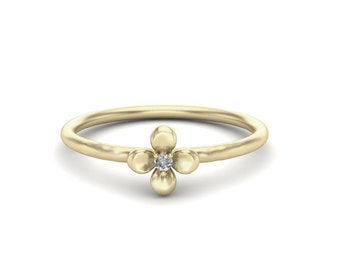 Very Delicate Flower Gold Ring With Diamond, 14K Gold Ring, Diamond Ring, Nature Inspired handmade Ring, Stackable Gold Ring, Unique Gift