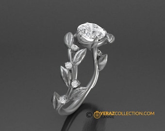 Anillo de compromiso con forma de hoja, elegante y sofisticado, oro blanco de 14 k, piedra central de moissanita, anillo de hoja inspirado en la naturaleza, anillo de hoja de oro.