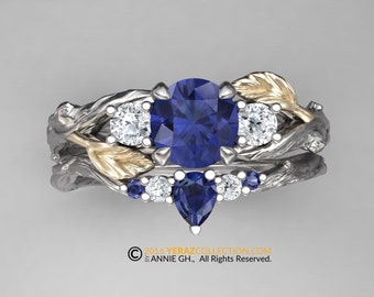 matching band, White Gold 14k, Diamond and blue Sapphire, Nature inspired Leaf ring.