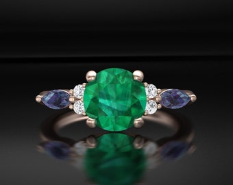 Engagement ring, Rose Gold 14k, Chatham Emerald, Chatham Alexandrite, delicate ring.