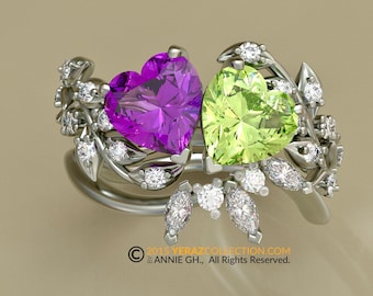Toi Et Moi Ring Set, Vine of Hearts, Leaf Engagement ring, White Gold 14k, Nature inspired  Leaf ring, Amethyst And Peridot Engagement Ring.