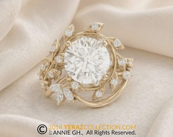 Lab Diamond Leaf Engagement Ring Set, 14k Gold, Earth-Mined Diamonds, Willow Halo(Yeraz Collection)
