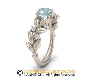 Anillo de compromiso con aguamarina y hojas, oro blanco de 14 k, con aguamarina y diamantes, inspirado en la naturaleza, de oro y hojas.