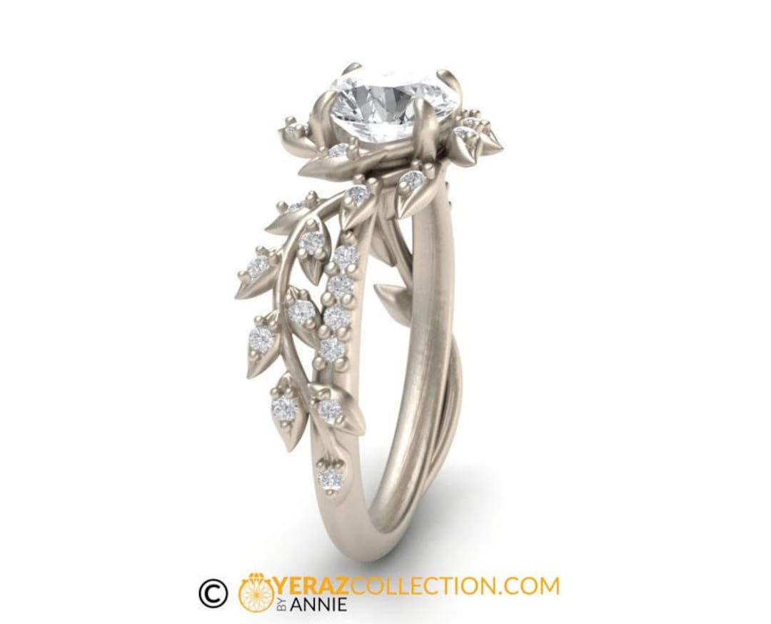 全国送料無料・イイ店 Engagement Leaf Ring, Center Moissanite 14k, Gold White アクセサリー