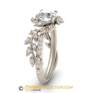 Leaf Engagement ring, White Gold 14k, Moissanite Center stone, Nature inspired Diamond Leaf ring, Bridal ring, Moissanite Engagement Ring