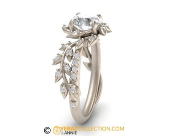 Anillo de compromiso con forma de hoja, oro blanco de 14 k, piedra central de moissanita, anillo de hoja con diamantes de inspiración natural, anillo de novia, anillo de compromiso con moissanita