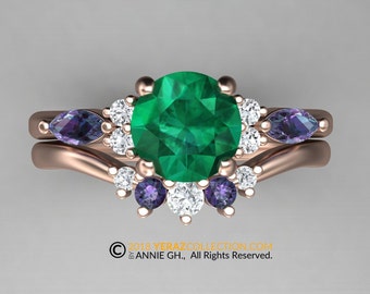 Engagement Ring Set, Rose Gold 14k, Chatham Emerald, Chatham Alexandrite, Delicate ring Set.