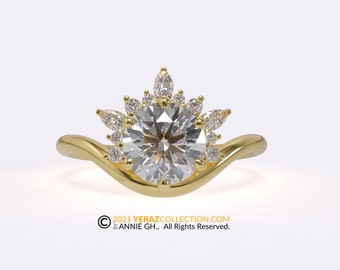 Starburst Engagement ring, Diamond Ring, Modern Ring, Yellow Gold 14k, Round Earth-Mined Diamond Stone, Engagement Ring, Half Halo Ring.