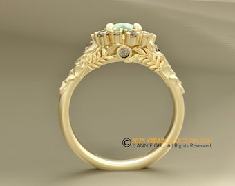 Kona Ring, Engagement Ring, 10k Yellow Gold, Peridot Diamond Engagement Ring, Nature inspired Diamond Leaf Ring, Fern Leaf Gold Ring
