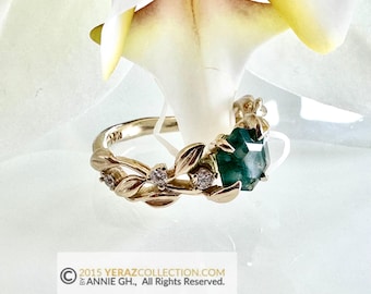 Leaf Engagement ring, 14K Yellow Gold, Moss Agate Engagement ring, Nature inspired Emerald Leaf ring, Leaf Gold ring, Moss light.