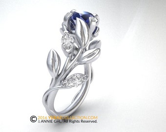 Leaf Engagement ring, Platinum, Chatham Sapphire Ring, Diamond Ring, Nature inspired.