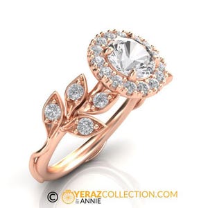 Halo Engagement Ring, 14K Rose Gold, White Sapphire Engagement Ring, Nature inspired Diamond Leaf ring, Leaf Gold ring, Bridal ring.