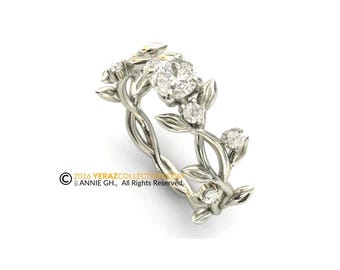 Eluka Ring, Elegant Leaf Engagement ring, 14k Solid Gold, Lab Diamond Engagement ring, Leaf Vine Ring, Nature inspired ring, Leaf Gold ring.