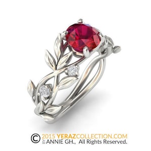 Leaf ring, White Gold 14k, Chatham Created Ruby Engagement ring, Nature inspired ring, Leaf Gold ring, Bridal ring, 1262.