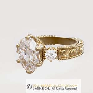 Engagement Ring, Diamond Engagement Ring, 14k Gold Ring, Filigree Ring, Oval Lab Created Diamond Ring, Lumalite.