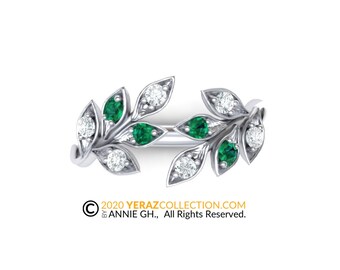 Banda de hoja, oro blanco de 14 k, anillo de hoja de diamante inspirado en la naturaleza, anillo de esmeralda, anillo de hoja de oro.