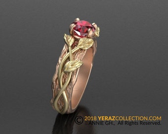 Two Tone Gorgeous & Unique Ruby Leaf Engagement Ring, Nature Inspired Leaf Ring, Ruby Ring, Ruby Engagement Ring, Flower Ring.