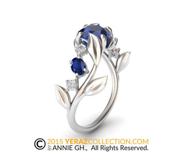 Unique Leaf Engagement Ring, 14k White Gold, Blue Sapphire Engagement ring, Nature inspired Diamond Leaf ring, Leaf Gold ring, Bridal ring image 1