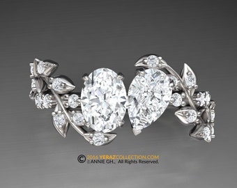Toi Et Moi Ring, Leaf Engagement ring, White Gold 14k, Nature inspired  Leaf ring, Moissanite Engagement Ring, Diamond Ring.