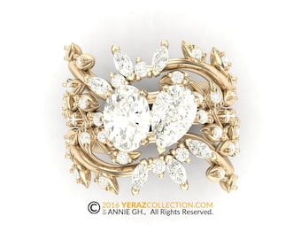 14k Yellow Gold Matching Bands, Nature Inspired Diamond Bands, Toi Et Moi Style