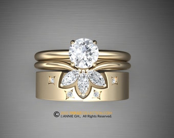 Diamond Ring Set, Diamond Center Stone, Engagement Ring And Matching Band Set, 14K Gold Ring, Leaf Ring.