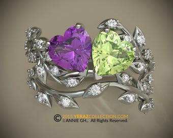 Toi Et Moi Ring Set, Vine of Hearts, Leaf Engagement ring, White Gold 14k, Nature inspired  Leaf ring, Amethyst And Peridot Engagement Ring.
