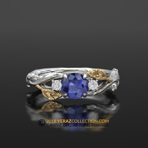 Leaf Engagement ring, 14K White Gold, Engagement ring, Blue Sapphire ring, Nature inspired Leaf ring, Leaf Gold ring, Bridal ring.