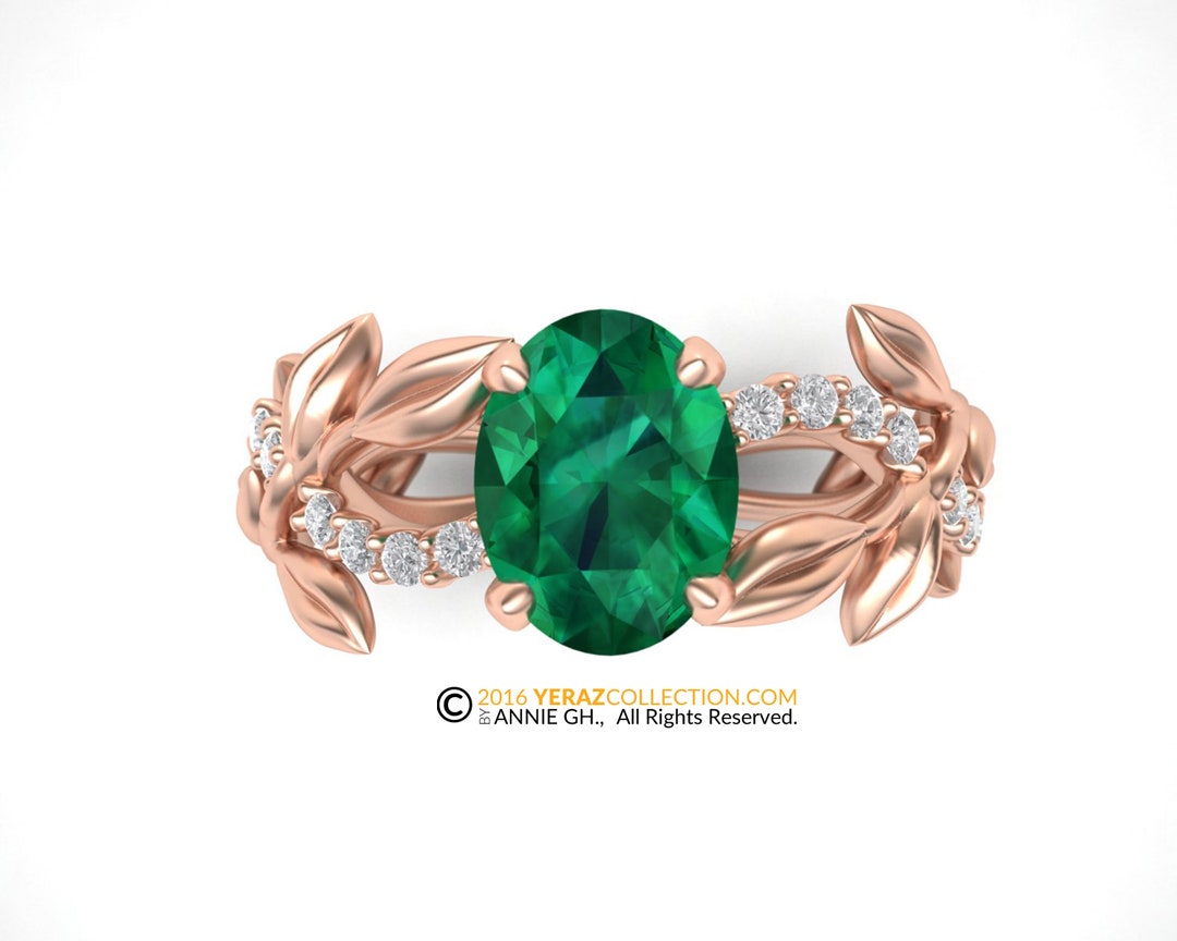 Leaf Engagement Ring, Rose Gold 14k, Chatham Emerald Ring, Nature