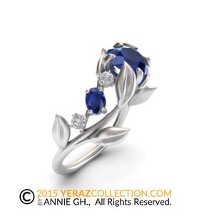 Unique Leaf Engagement Ring, 14k White Gold, Blue Sapphire Engagement ring, Nature inspired Diamond Leaf ring, Leaf Gold ring, Bridal ring image 3