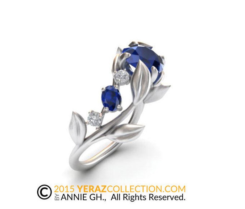 Unique Leaf Engagement Ring, 14k White Gold, Blue Sapphire Engagement ring, Nature inspired Diamond Leaf ring, Leaf Gold ring, Bridal ring image 3