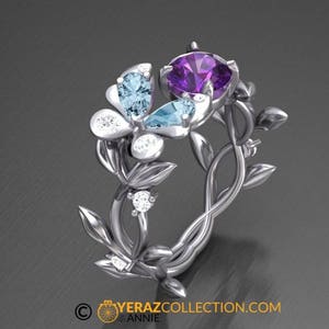 Very Unique Butterfly Engagement Ring, Butterfly Engagement Ring, Nature inspired Diamond Ring, Amethyst Engagement Ring, Aquamarine ring