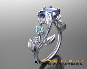 Leaf Engagement ring, 14K White Gold, Chatham Sapphire  Engagement ring, Nature inspired Diamond Leaf ring, Leaf Gold ring, RI-1254B