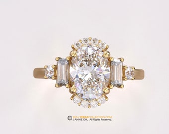 Engagement ring, Diamond Ring, Yellow Gold 14k, Oval lab Diamond, Half Halo Ring.