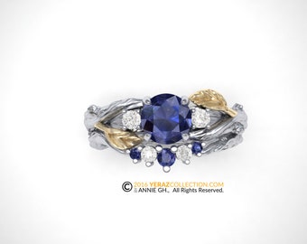 matching band, White Gold 14k, Diamond and blue Sapphire, Nature inspired Leaf ring.