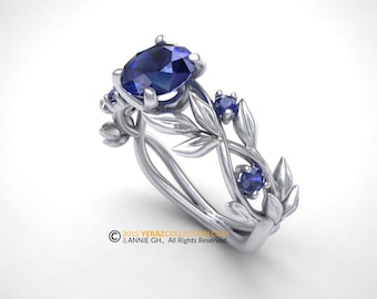 Leaf Engagement ring, 14K White Gold, Chatham Sapphire, Engagement ring, Nature inspired SapphireLeaf ring, Leaf Gold ring, Bridal ring