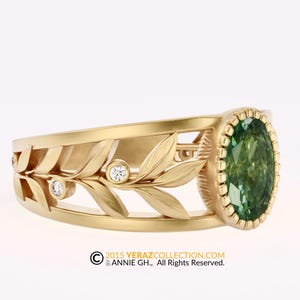 14k Gold leaf Engagement ring, 14K Yellow Gold, Green Sapphire, Olive Branch Ring, Nature Inspired Engagement Ring, Olivia.