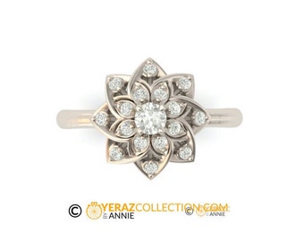 Flower Engagement ring White Gold 14K, Diamond Ring, Art Deco style ring, Flower Gold ring, Bridal Ring.