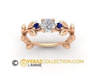 Anillo de compromiso con forma de hoja, oro rosa de 14 k, anillo de compromiso con diamantes, anillo de hoja con diamantes inspirado en la naturaleza, anillo de oro con hojas, anillo de diamantes