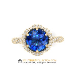 Unique Engagement Ring, Blue Sapphire Ring, Halo Ring, Solitaire Engagement Ring, Yellow Gold 18k, Diamond set band.