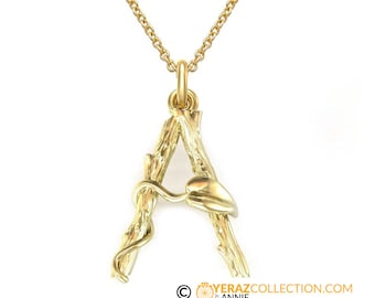 14K Solid Gold Initial Pendant, Letter A Initial Pendant, Nature Inspired Twig And leaf Pendant.