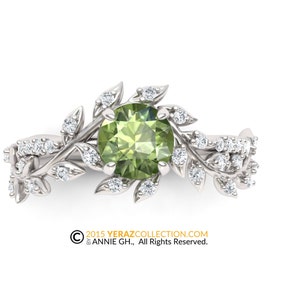 Leaf Engagement ring, White Gold 14k, Green Sapphire Engagement ring, Nature inspired Diamond Leaf ring, Bridal ring.