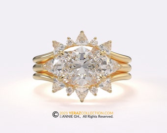 Starburst Engagement Ring Set, Engagement Ring and Matching Band, Diamond Ring, Yellow Gold 14k, Oval Lab Diamond Ring, Oval Diamond Ring.