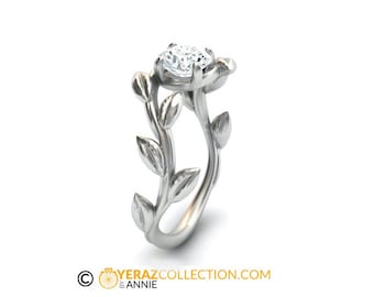 Anillo de compromiso con hoja de diamante, oro blanco de 14 k, anillo de compromiso con diamantes, anillo con flor de diamante, anillo de hoja inspirado en la naturaleza, anillo de hoja de oro.
