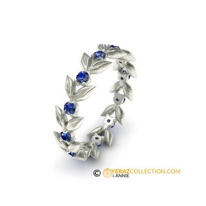 Leaf Wedding Band, White Gold 14k, Blue Sapphire  Wedding Ring, Nature Inspired  Leaf Ring,Leaf Gold Ring, Bridal Ring.