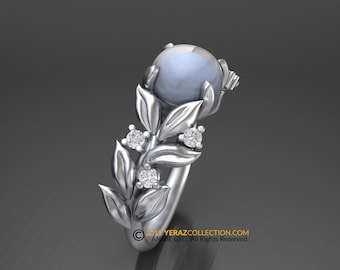 Elegant Leaf Engagement ring, White Gold 14k, Moonstone Engagement ring, Nature inspired Diamond Leaf ring, Leaf Gold ring, Bridal ring.