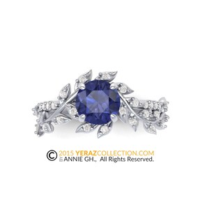 Sapphire Engagement ring, 14k White Gold, Chatham Sapphire Center Stone, Nature inspired Diamond Leaf ring, Bridal ring. RI-1283