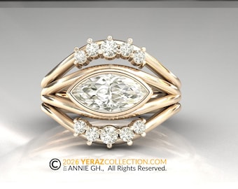 Marquise Diamond Ring Set 18K Solid Gold , 1 Carat Lab Grown Marquise Engagement Ring, Diamond Curved Wedding Bands, Unique Bridal Set, Ray.