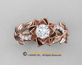Leaf Engagement Ring, Lotus Flower Ring, 14k Rose Gold, Moissanite Ring, Nature Inspired Leaf Ring, Leaf Gold Ring.