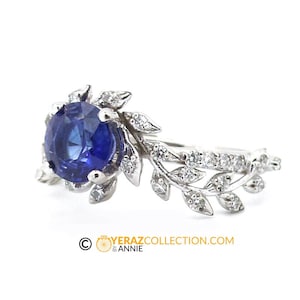 Unique Blue Sapphire Flower Engagement Ring, 14k White Gold, Blue Sapphire Engagement ring, Nature inspired Diamond Leaf ring, Bridal ring.