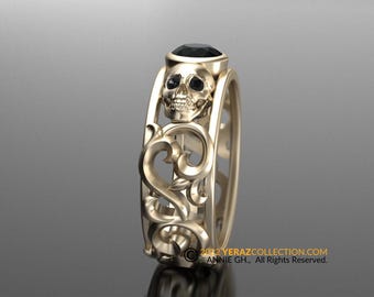 Skull Engagement Ring, Onyx Ring, Filigree Ring, Till Death Do Us Part Ring, Gothic Engagement Ring.